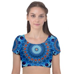 Rose Kaleidoscope Art Pattern Velvet Short Sleeve Crop Top  by Wegoenart