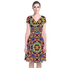 Flowers Kaleidoscope Art Pattern Short Sleeve Front Wrap Dress by Wegoenart