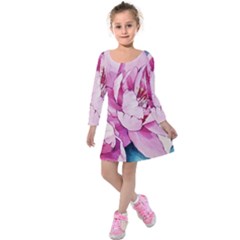 Art Painting Flowers Peonies Pink Kids  Long Sleeve Velvet Dress by Wegoenart