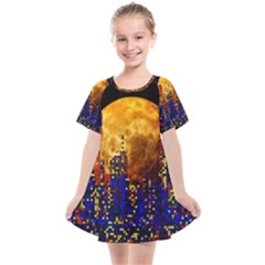 Skyline Frankfurt Abstract Moon Kids  Smock Dress by Wegoenart