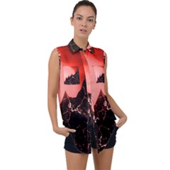 Sci Fi Red Fantasy Futuristic Sleeveless Chiffon Button Shirt