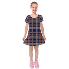 Plaid Tartan Scottish Navy Gold Kids  Short Sleeve Velvet Dress by Wegoenart