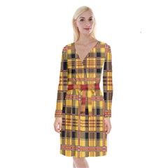 Plaid Tartan Scottish Yellow Red Long Sleeve Velvet Front Wrap Dress by Wegoenart
