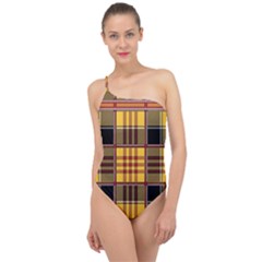 Plaid Tartan Scottish Yellow Red Classic One Shoulder Swimsuit by Wegoenart