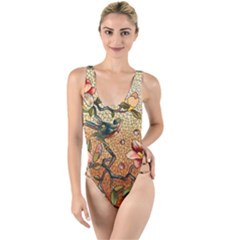 Flower Cubism Mosaic Vintage High Leg Strappy Swimsuit by Wegoenart