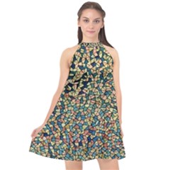 Background Cubism Mosaic Vintage Halter Neckline Chiffon Dress 