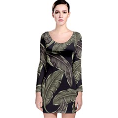 Jungle Leaves Tropical Pattern Long Sleeve Velvet Bodycon Dress by Wegoenart