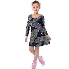 Jungle Leaves Tropical Pattern Kids  Long Sleeve Velvet Dress by Wegoenart