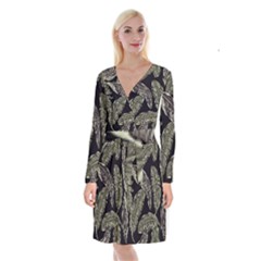 Jungle Leaves Tropical Pattern Long Sleeve Velvet Front Wrap Dress by Wegoenart