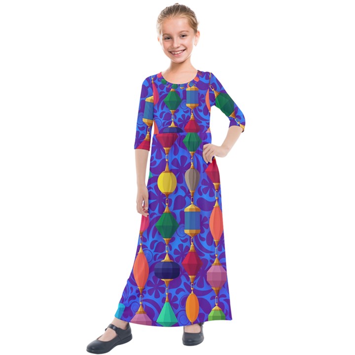 Colorful Background Stones Jewels Kids  Quarter Sleeve Maxi Dress