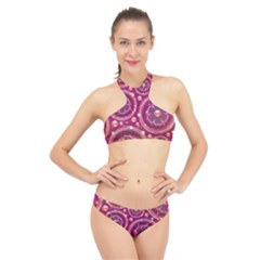 Pink Abstract Background Floral Glossy High Neck Bikini Set by Wegoenart