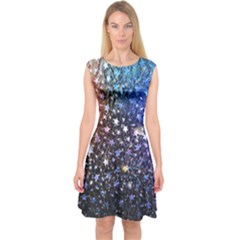 Blue Elegant Stars Pattern Capsleeve Midi Dress by PattyVilleDesigns