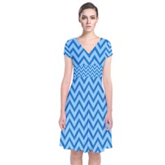 Blue Chevron Background Abstract Pattern Short Sleeve Front Wrap Dress by Wegoenart