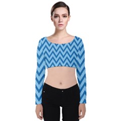 Blue Chevron Background Abstract Pattern Velvet Long Sleeve Crop Top by Wegoenart