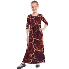 Lava Cracked Background Fire Kids  Quarter Sleeve Maxi Dress