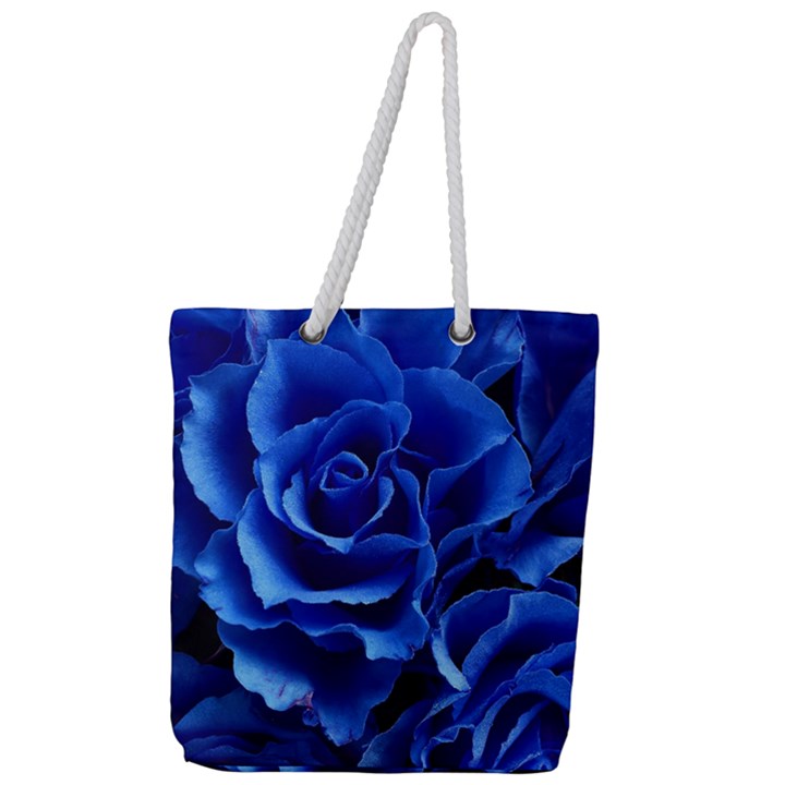 Blue Roses Flowers Plant Romance Full Print Rope Handle Tote (Large)