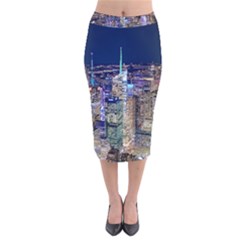 New York Manhattan Night Building Velvet Midi Pencil Skirt by Wegoenart