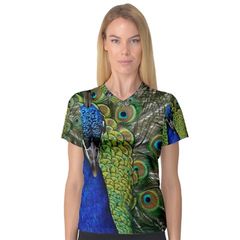 Peacock Close Up Plumage Bird Head V-neck Sport Mesh Tee by Wegoenart