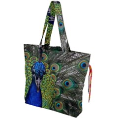 Peacock Close Up Plumage Bird Head Drawstring Tote Bag by Wegoenart