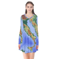 Italy Alpine Alpine Region Map Long Sleeve V-neck Flare Dress