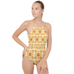 Background Floral Forms Flower High Neck One Piece Swimsuit by Wegoenart