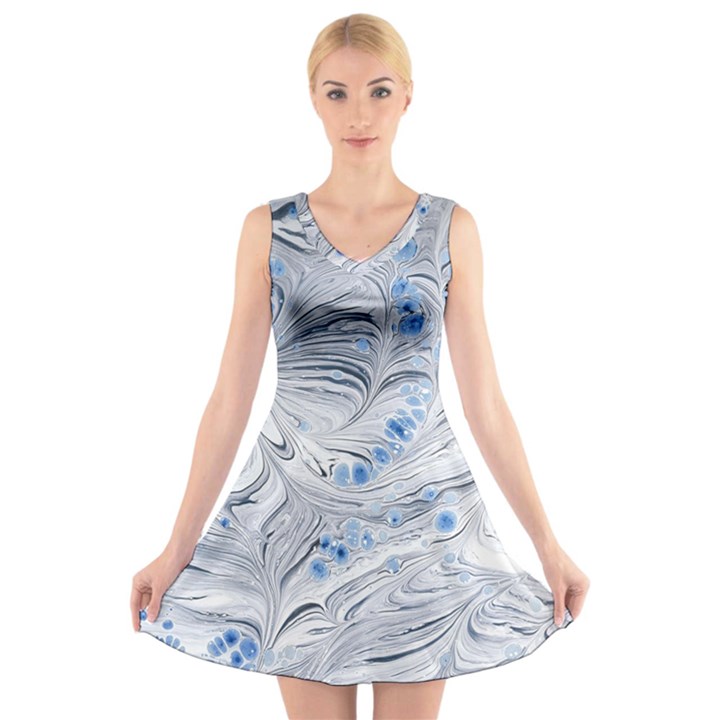 Marbled Paper Mottle Color Movement Blue White V-Neck Sleeveless Dress