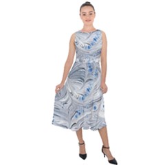 Marbled Paper Mottle Color Movement Blue White Midi Tie-back Chiffon Dress by Wegoenart