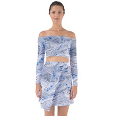 Marbled Paper Mottle Color Movement Blue White Off Shoulder Top With Skirt Set by Wegoenart