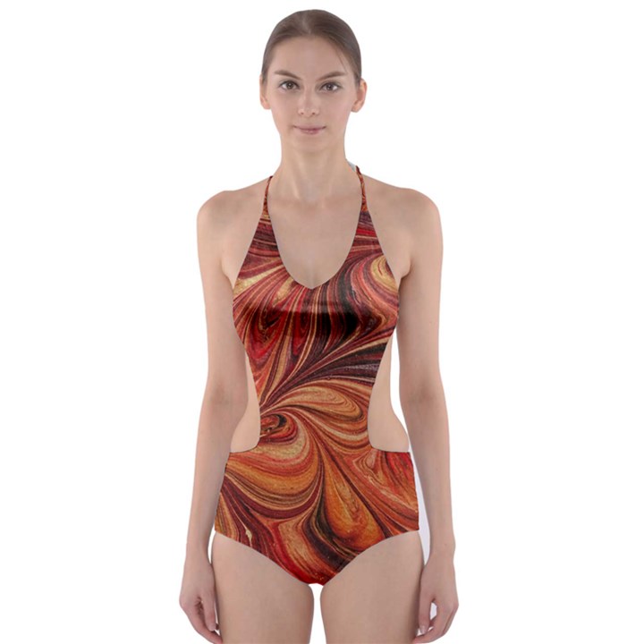 Marbled Paper Mottle Color Movement Cut-Out One Piece Swimsuit