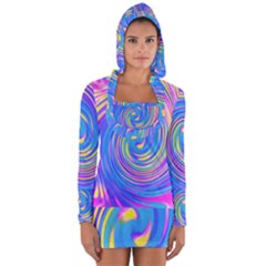 Cool Abstract Pink Blue And Yellow Twirl Liquid Art Long Sleeve Hooded T-shirt by myrubiogarden