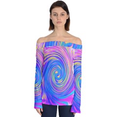 Cool Abstract Pink Blue And Yellow Twirl Liquid Art Off Shoulder Long Sleeve Top by myrubiogarden