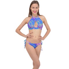Cool Abstract Pink Blue And Yellow Twirl Liquid Art Cross Front Halter Bikini Set by myrubiogarden