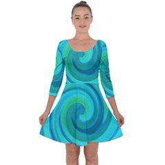 Groovy Cool Abstract Aqua Liquid Art Swirl Painting Quarter Sleeve Skater Dress by myrubiogarden