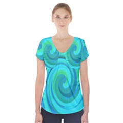 Groovy Cool Abstract Aqua Liquid Art Swirl Painting Short Sleeve Front Detail Top by myrubiogarden