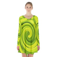 Groovy Abstract Green Liquid Art Swirl Painting Long Sleeve Velvet V-neck Dress by myrubiogarden