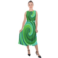 Groovy Abstract Turquoise Liquid Swirl Painting Midi Tie-back Chiffon Dress by myrubiogarden