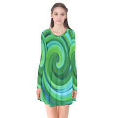 Groovy Abstract Turquoise Liquid Swirl Painting Long Sleeve V-neck Flare Dress by myrubiogarden