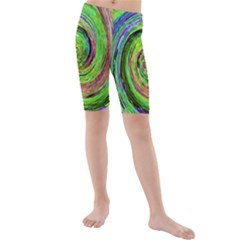 Groovy Abstract Green And Crimson Liquid Swirl Kids  Mid Length Swim Shorts by myrubiogarden
