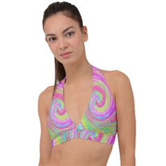 Groovy Abstract Pink And Blue Liquid Swirl Painting Halter Plunge Bikini Top by myrubiogarden