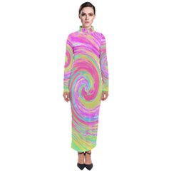 Groovy Abstract Pink And Blue Liquid Swirl Painting Turtleneck Maxi Dress by myrubiogarden