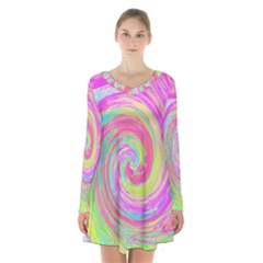 Groovy Abstract Pink And Blue Liquid Swirl Painting Long Sleeve Velvet V-neck Dress by myrubiogarden