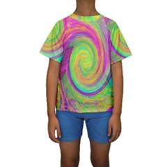 Groovy Abstract Purple And Yellow Liquid Swirl Kids  Short Sleeve Swimwear