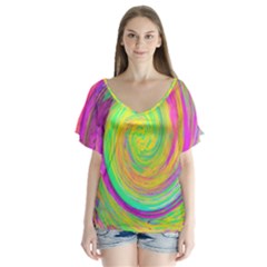 Groovy Abstract Purple And Yellow Liquid Swirl V-neck Flutter Sleeve Top by myrubiogarden