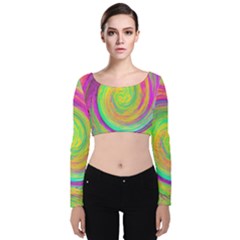 Groovy Abstract Purple And Yellow Liquid Swirl Velvet Long Sleeve Crop Top by myrubiogarden