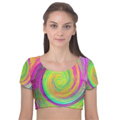 Groovy Abstract Purple And Yellow Liquid Swirl Velvet Short Sleeve Crop Top  by myrubiogarden