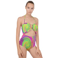 Groovy Abstract Purple And Yellow Liquid Swirl Scallop Top Cut Out Swimsuit by myrubiogarden