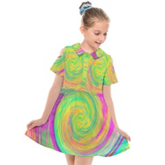 Groovy Abstract Purple And Yellow Liquid Swirl Kids  Short Sleeve Shirt Dress by myrubiogarden