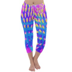 Pink, Blue And Yellow Abstract Coneflower Capri Winter Leggings  by myrubiogarden