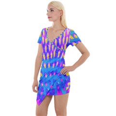 Pink, Blue And Yellow Abstract Coneflower Short Sleeve Asymmetric Mini Dress by myrubiogarden