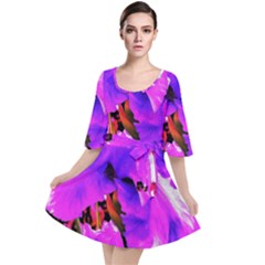 Abstract Ultra Violet Purple Iris On Red And Pink Velour Kimono Dress by myrubiogarden